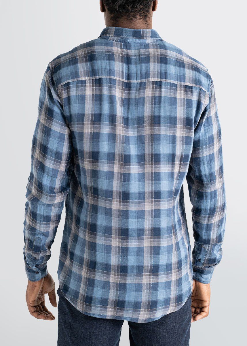 Double-Weave Button-Up Shirt for Tall Men in Marine Blue & Grey Plaid sold by American Tall product image thumbnail 4