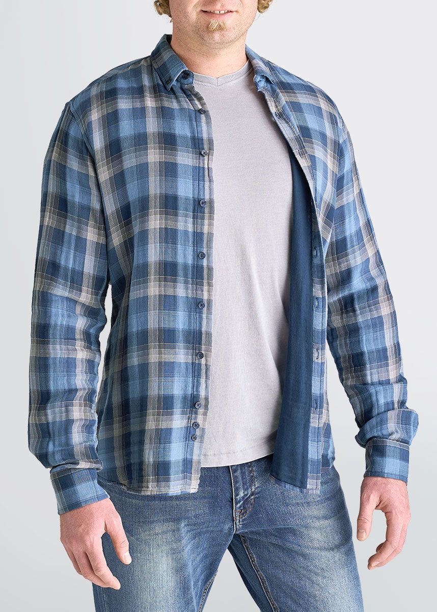 Double-Weave Button-Up Shirt for Tall Men in Marine Blue & Grey Plaid sold by American Tall
