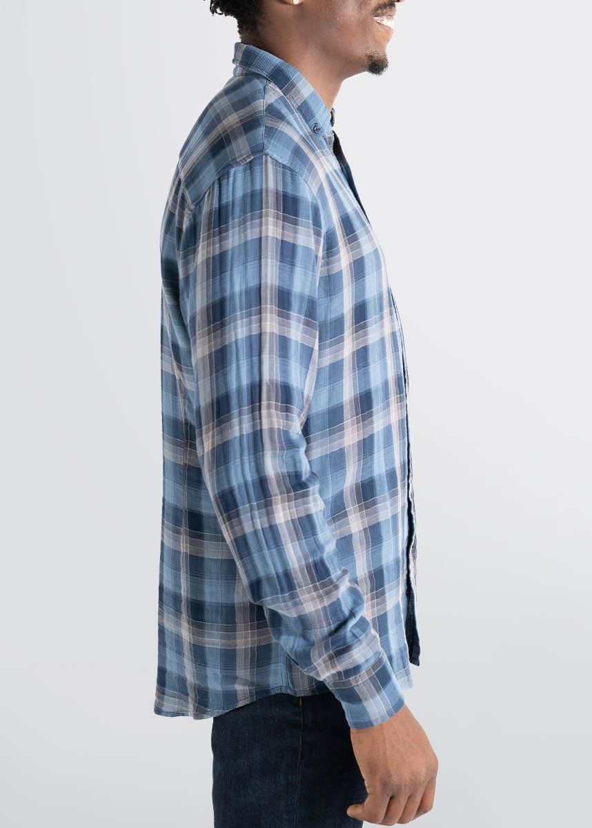 Double-Weave Button-Up Shirt for Tall Men in Marine Blue & Grey Plaid sold by American Tall product image thumbnail 3