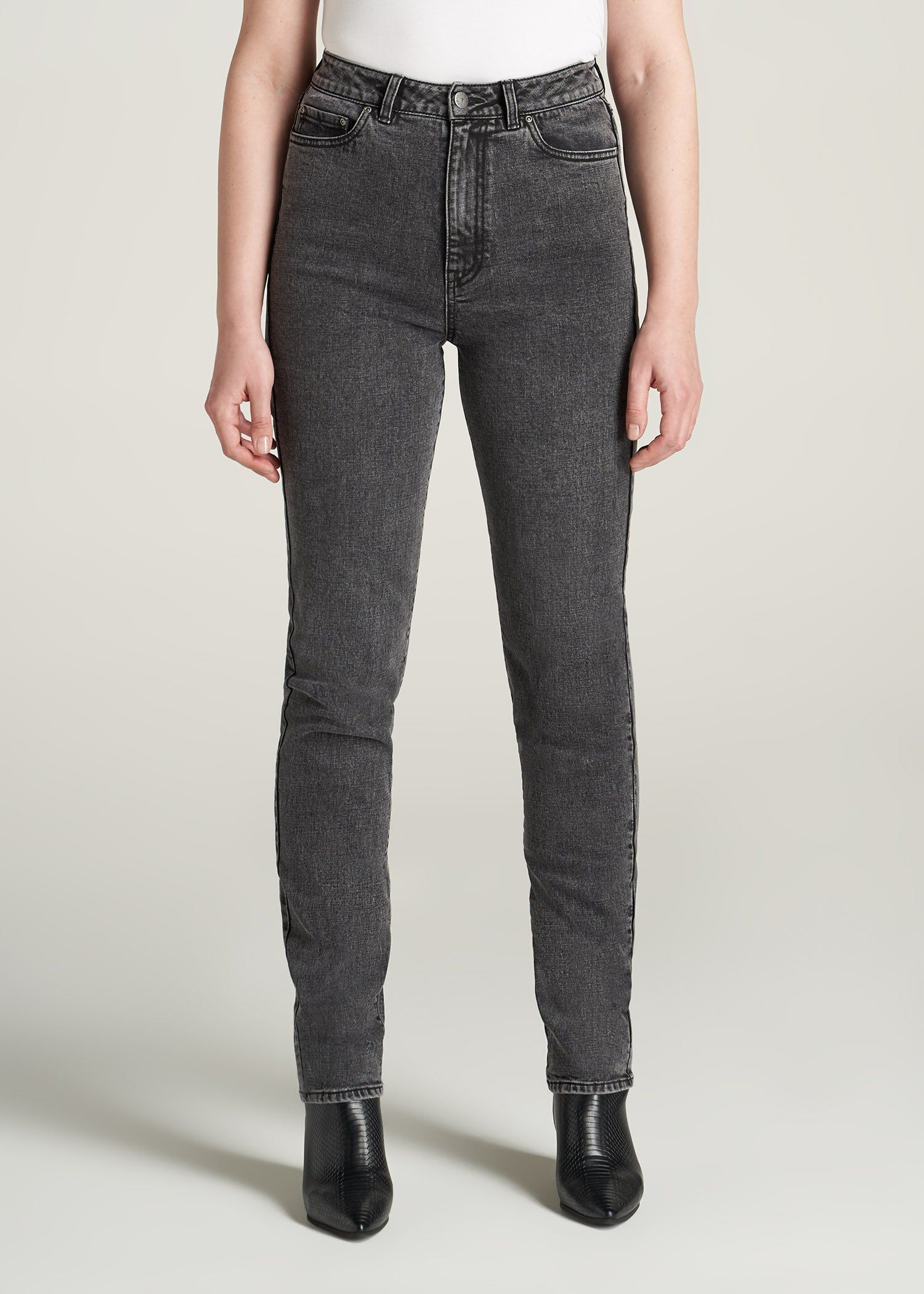 The Lola - Stretch Slim-Fit Tall High Waisted Jeans for Tall Women in Black Stone Wash sold by American Tall