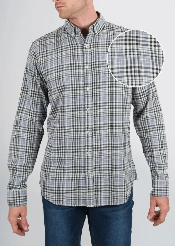 Double-Weave Button-Up Shirt for Tall Men in Grey Plaid sold by American Tall