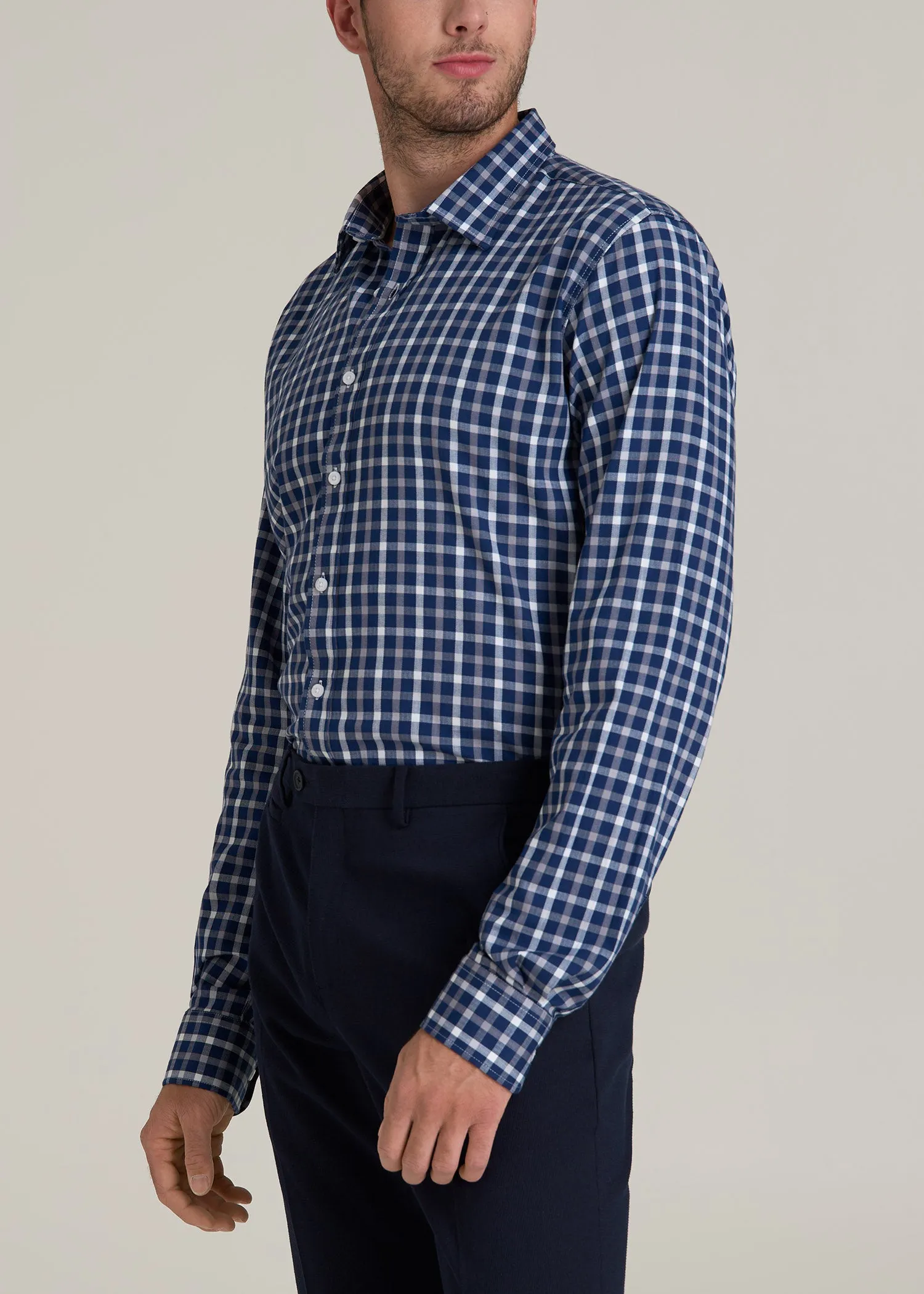 Oskar Button-Up Dress Shirt for Tall Men in Navy and Grey Grid sold by American Tall product image thumbnail 3