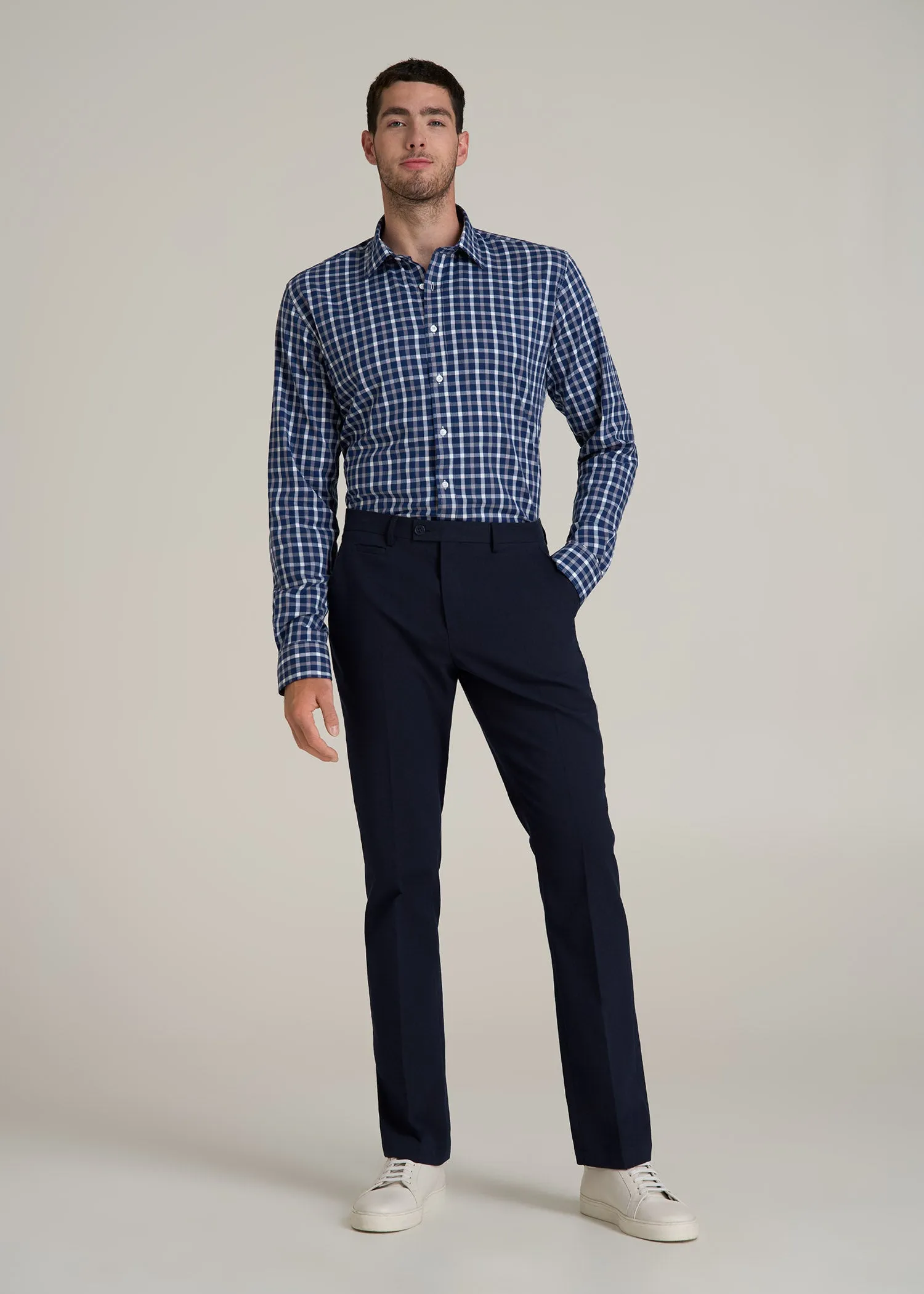 Oskar Button-Up Dress Shirt for Tall Men in Navy and Grey Grid sold by American Tall product image thumbnail 4