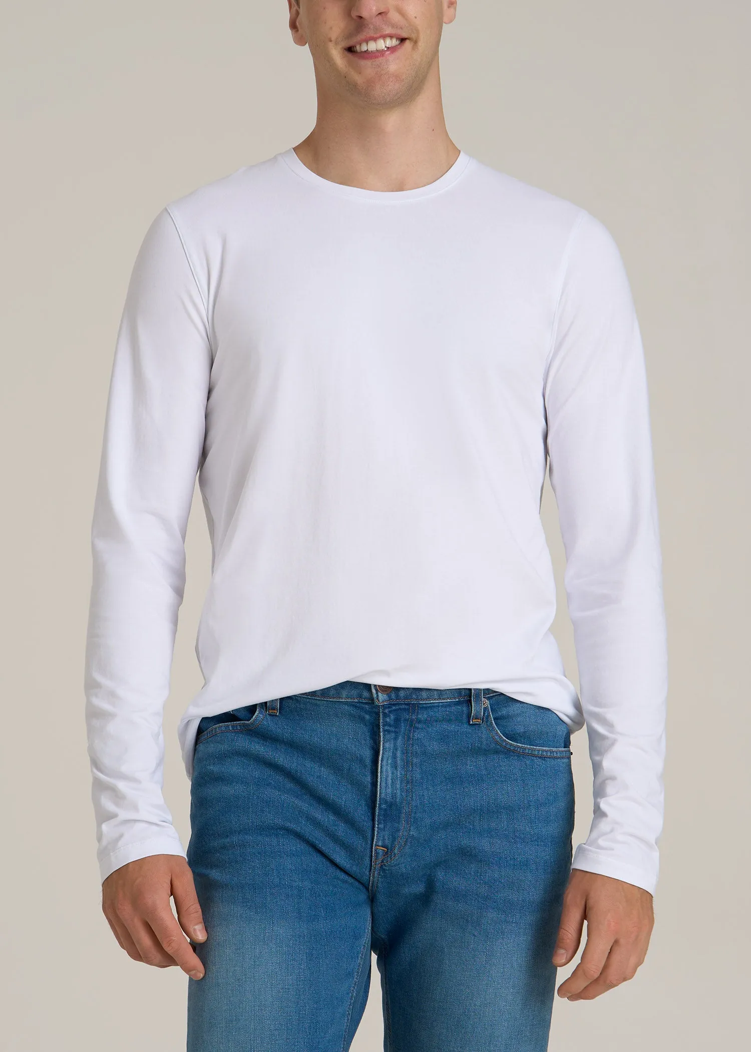 The Essential Modern Fit Crewneck Long Sleeve Tee for Tall Men in White sold by American Tall