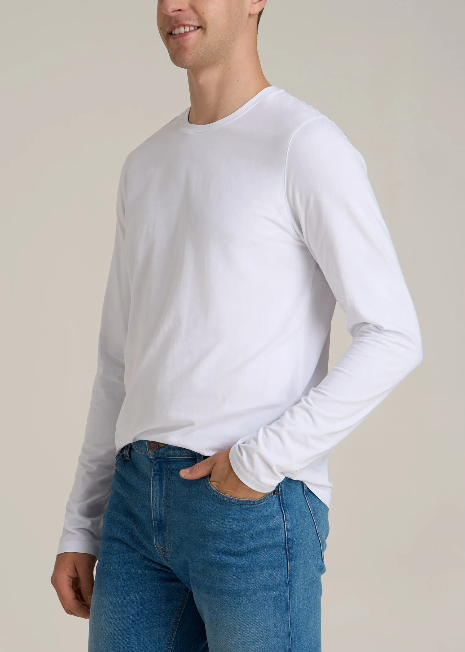 The Essential Modern Fit Crewneck Long Sleeve Tee for Tall Men in White sold by American Tall product image thumbnail 3