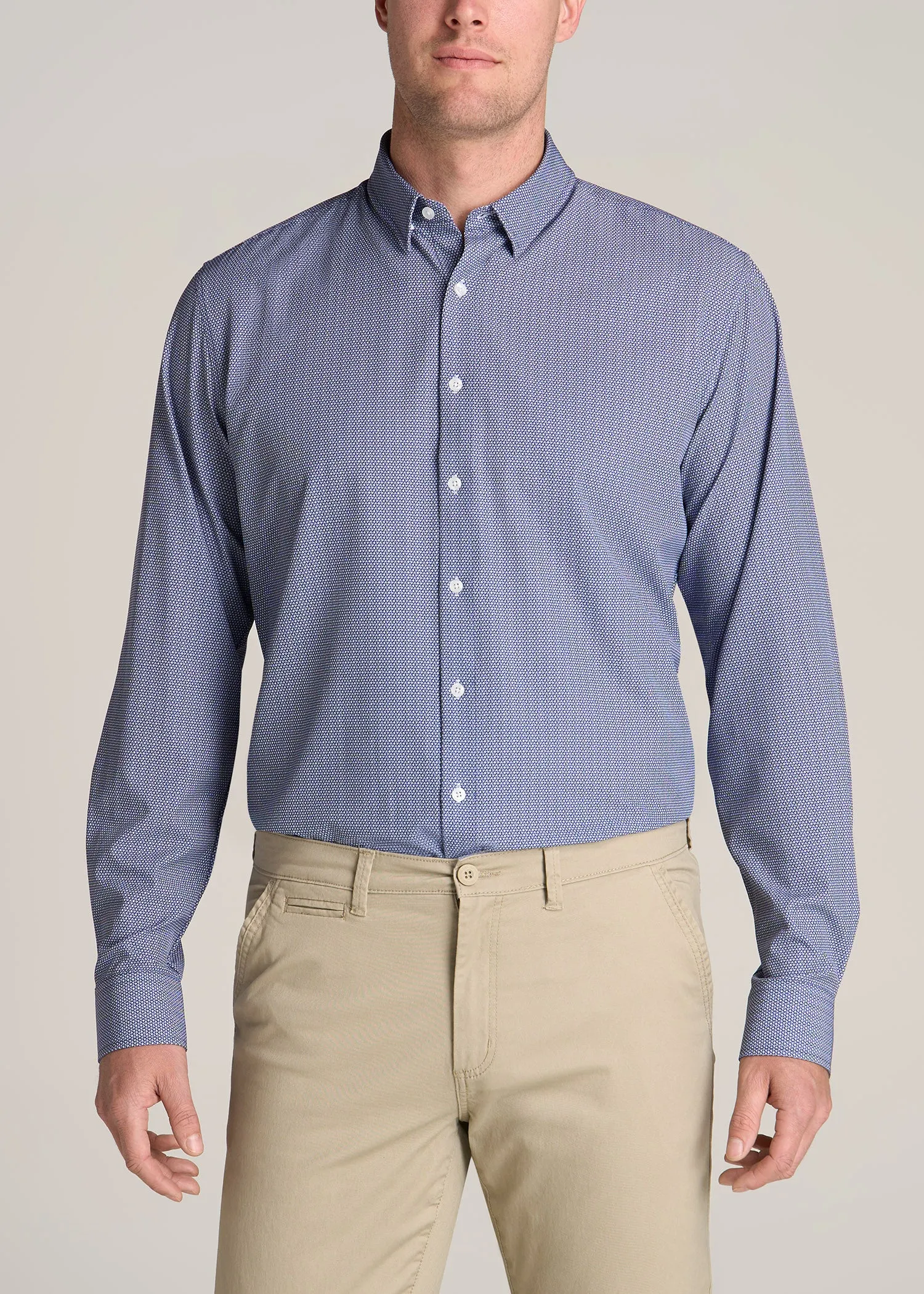 Traveler Stretch Dress Shirt for Tall Men in Navy and White Floral sold by American Tall