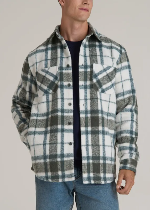 Brushed Flannel Overshirt for Tall Men in Ecru and Green Plaid sold by American Tall
