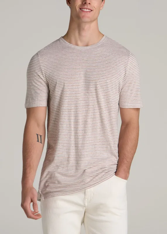 Linen Crewneck T-Shirt for Tall Men in Beige and White Stripe sold by American Tall