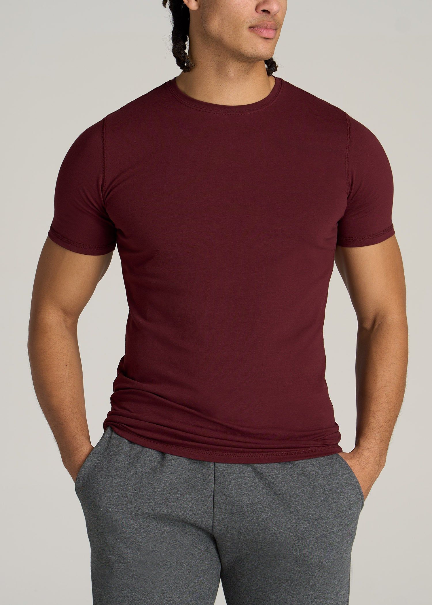 The Essential SLIM-FIT Crewneck Men's Tall Tees in Garnet Red sold by American Tall