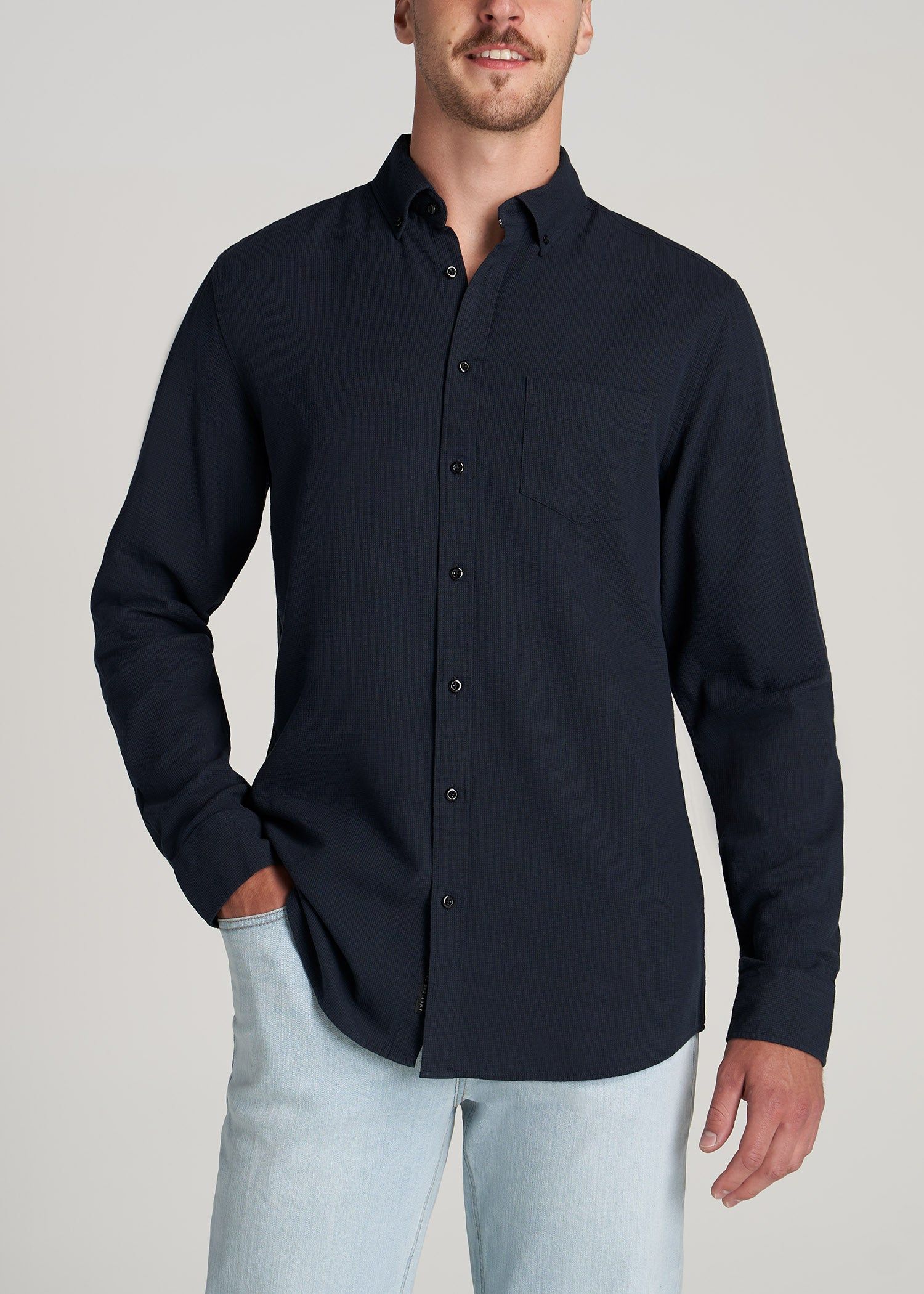 Soft-Wash Button-Up Shirt for Tall Men in Navy Dobby sold by American Tall