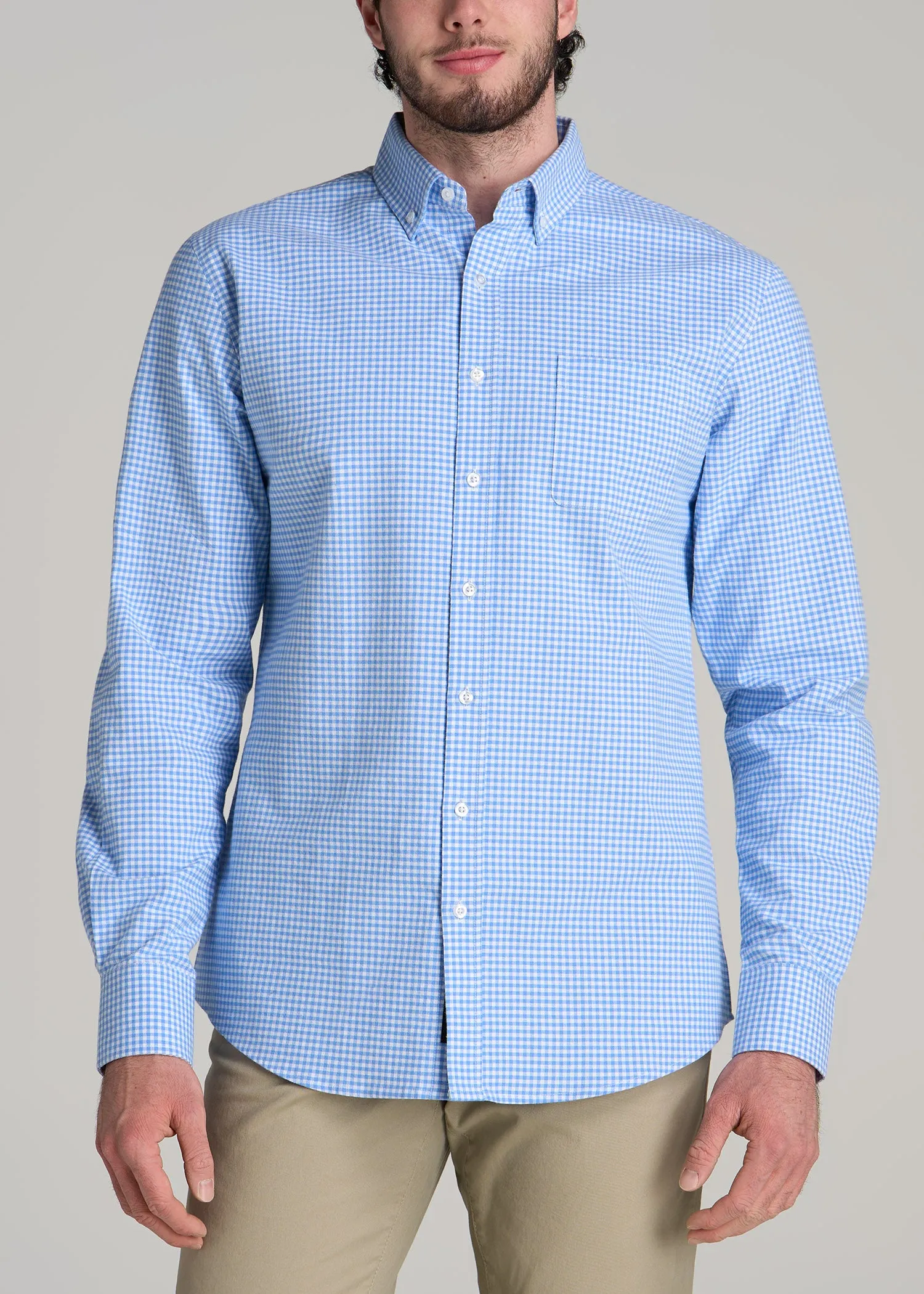 Washed Oxford Shirt for Tall Men in Light Blue Gingham sold by American Tall