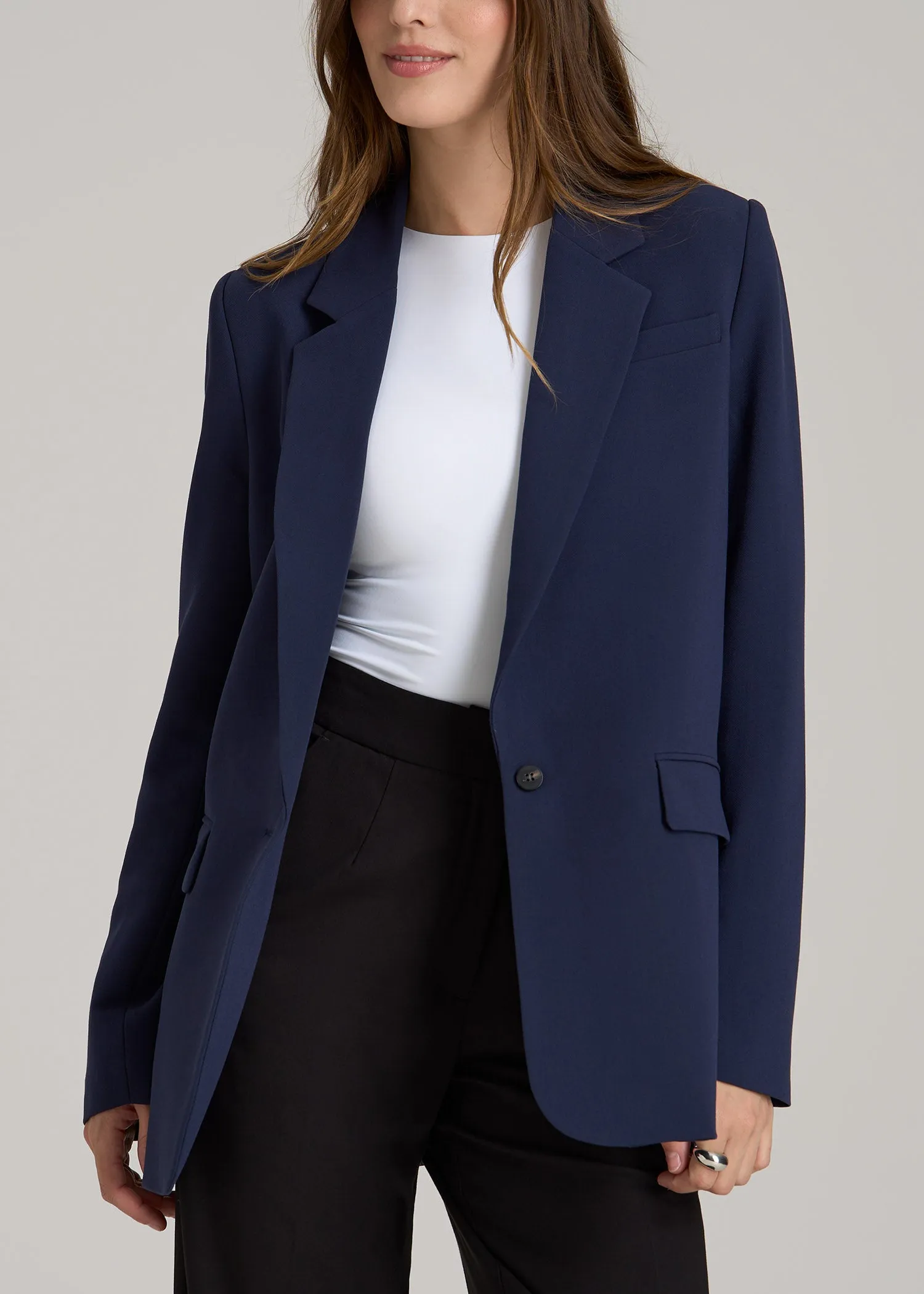 Boyfriend Fit Single-Button Blazer for Tall Women in Navy sold by American Tall