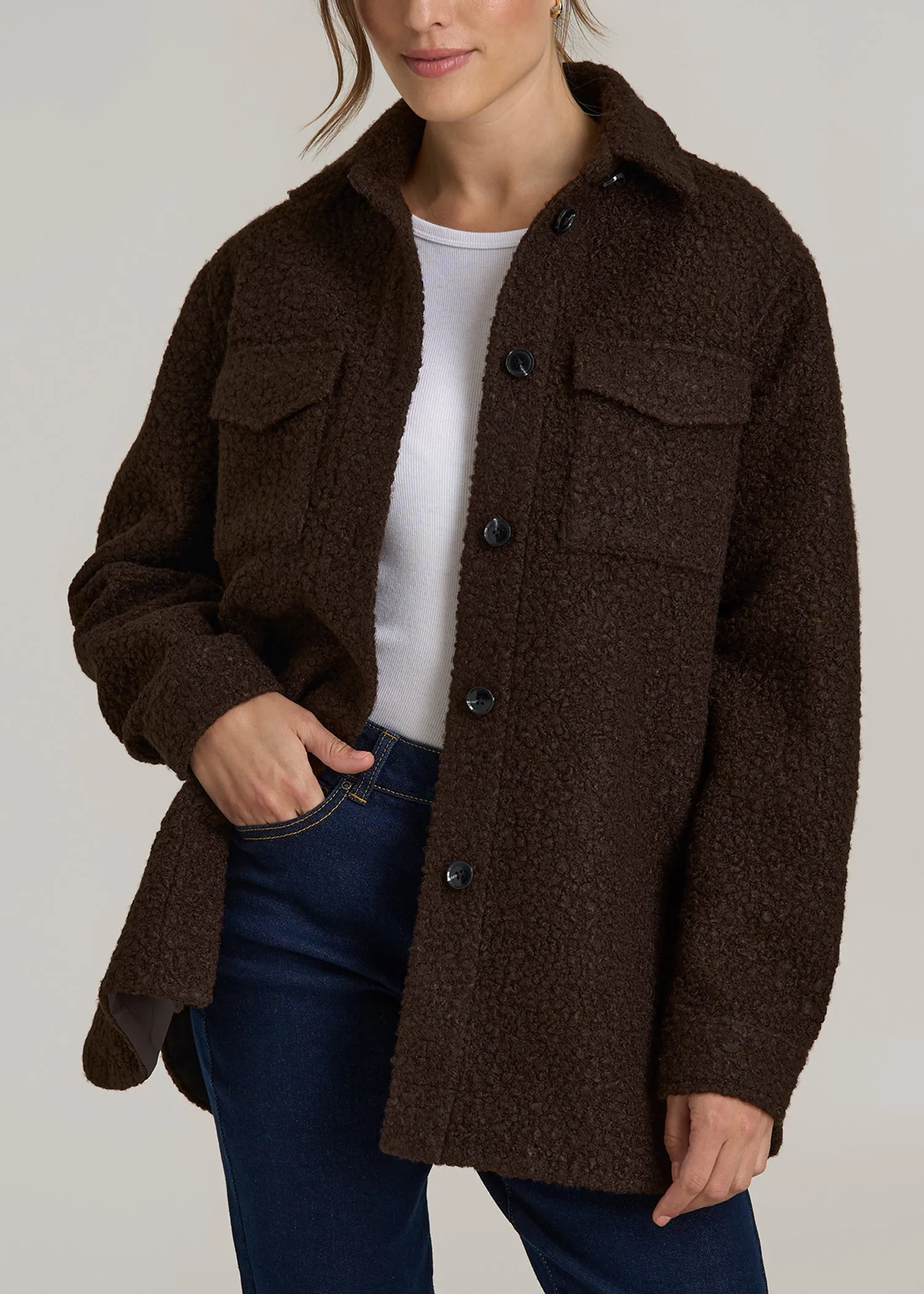 Relaxed Boucle Shacket for Tall Women in Espresso sold by American Tall