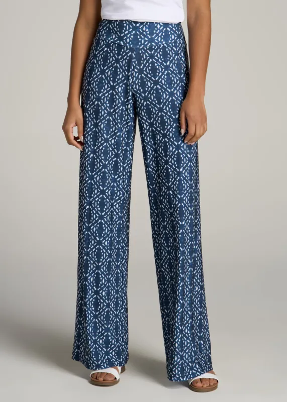 Pull On Breezy Wide Leg Pants for Tall Women in Indigo Tribal Print sold by American Tall