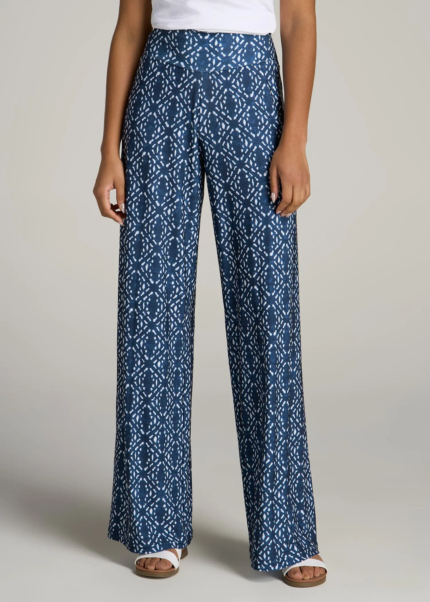 Pull On Breezy Wide Leg Pants for Tall Women in Indigo Tribal Print sold by American Tall