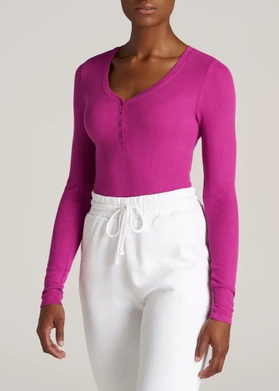 Tall Women's FITTED Ribbed Long Sleeve Henley in Pink Orchid sold by American Tall