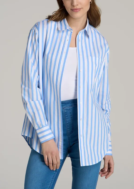 Relaxed Poplin Button Up Shirt for Tall Women in Wide Blue Stripe sold by American Tall