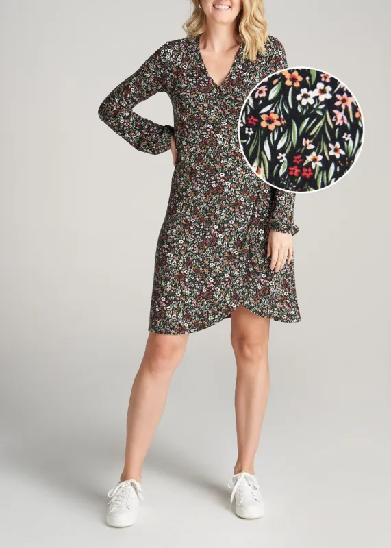 Long Sleeve Jersey Wrap Dress for Tall Women in Black Floral sold by American Tall