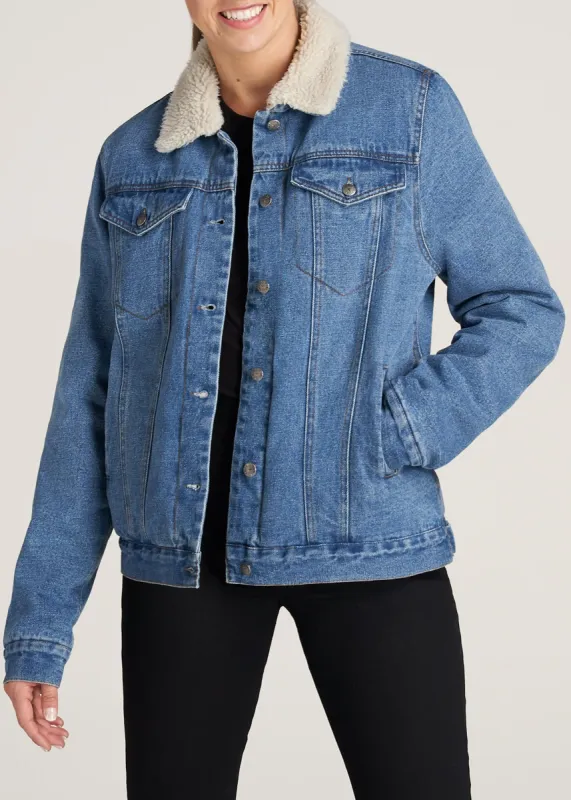 Sherpa Denim Jacket in Stonewash Blue - Tall Women's Jackets sold by American Tall
