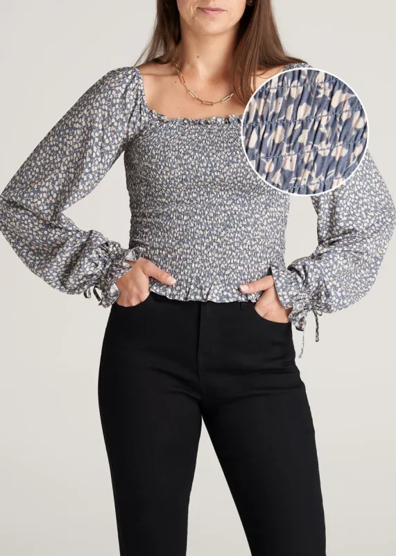 Women's Tall Balloon Sleeve Smocked Blouse in Blue & Cream Floral sold by American Tall