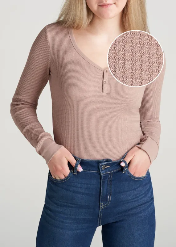 Women's Tall FITTED Long Sleeve Waffle Two Button Henley in Ballerina Pink sold by American Tall