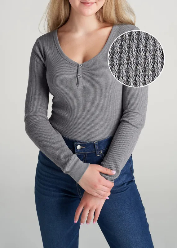 Women's Tall FITTED Long Sleeve Waffle Two Button Henley in Ash sold by American Tall