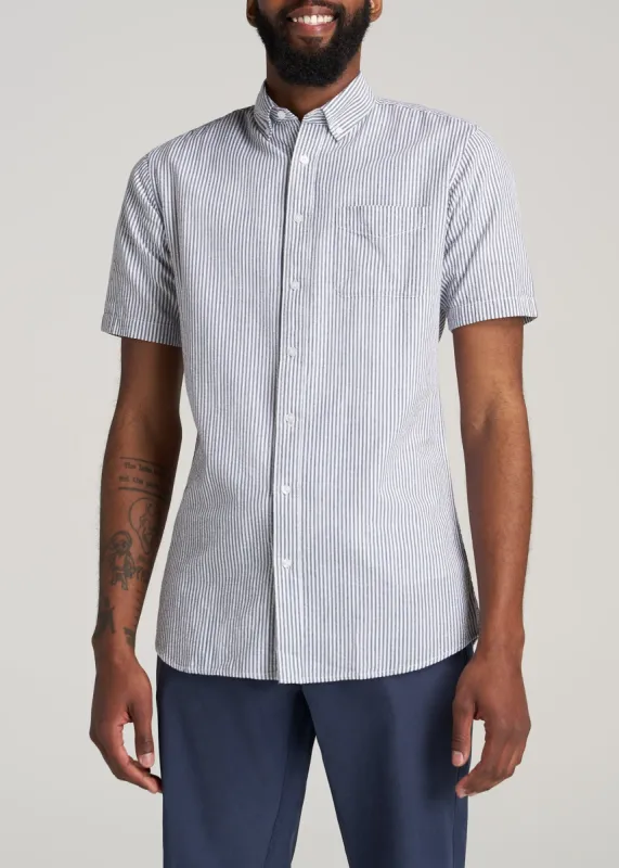 Seersucker Tall Men's Short Sleeve Shirt in Grey & White Stripe sold by American Tall