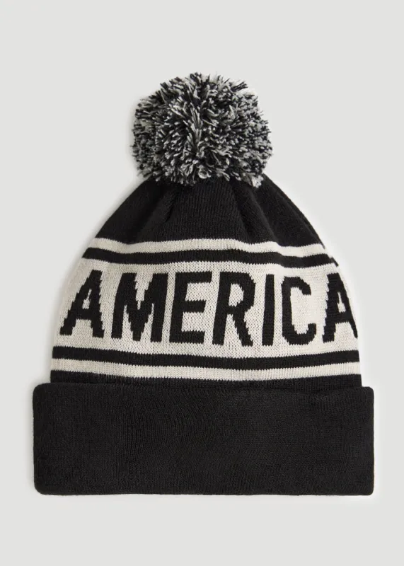 Jacquard Knit Pom-Pom Hat in Black & Grey sold by American Tall