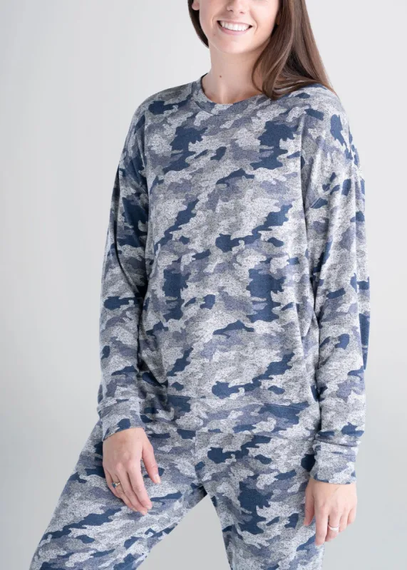 Cozy Lounge Crewneck for Tall Women in Camo sold by American Tall