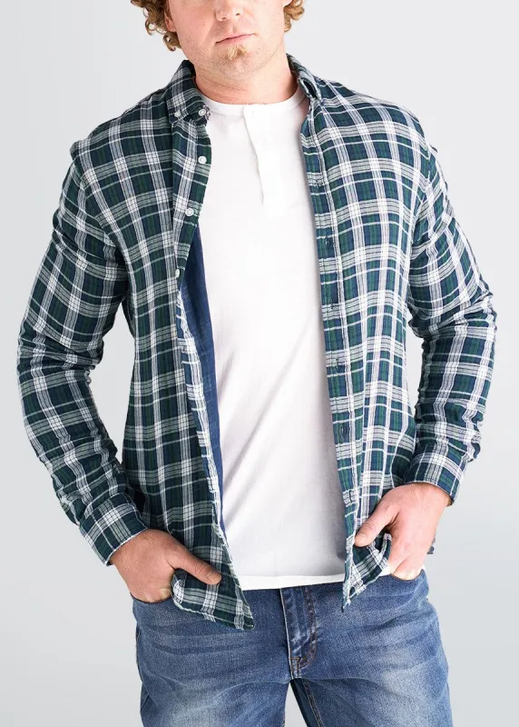 Double-Weave Button-Up Shirt for Tall Men in Forest Green & White Plaid sold by American Tall