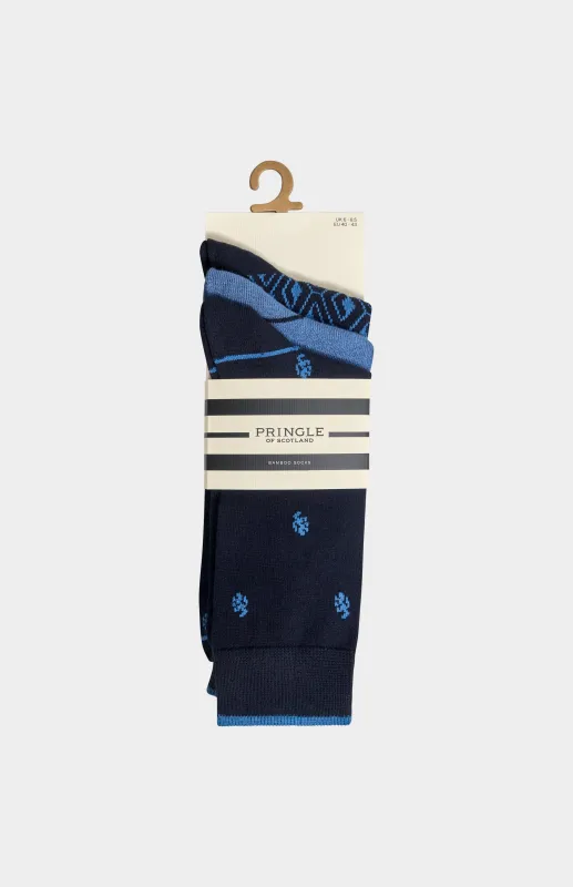Men’s Blue Bamboo Lion / Diamond / Stripe Jacquard Socks made by Pringle
