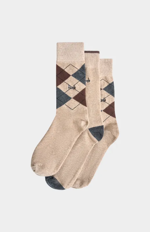 Men’s Argyle Cotton Jacquard Socks in Beige, Brown & Charcoal made by Pringle