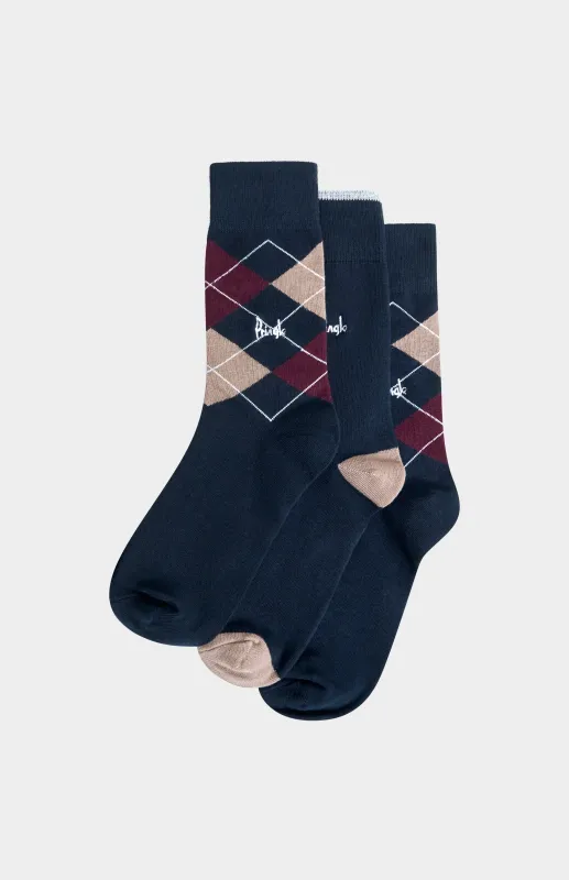 Men’s Argyle Cotton Jacquard Socks in Navy, Burgundy & Camel made by Pringle