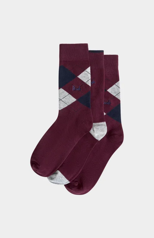 Men’s Argyle Cotton Jacquard Socks in Burgundy, Navy & Grey made by Pringle