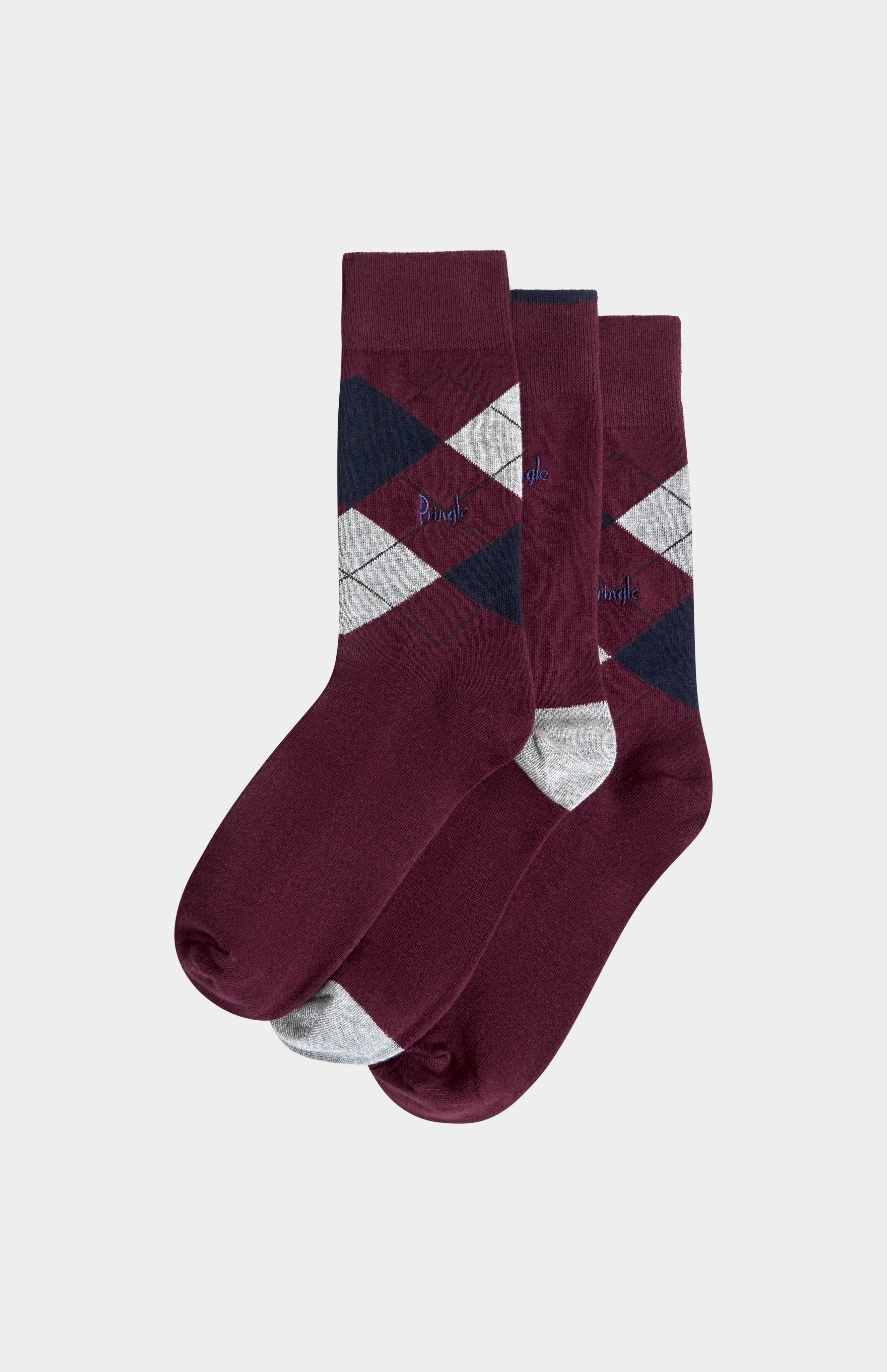 Men’s Argyle Cotton Jacquard Socks in Burgundy, Navy & Grey sold by Pringle of Scotland