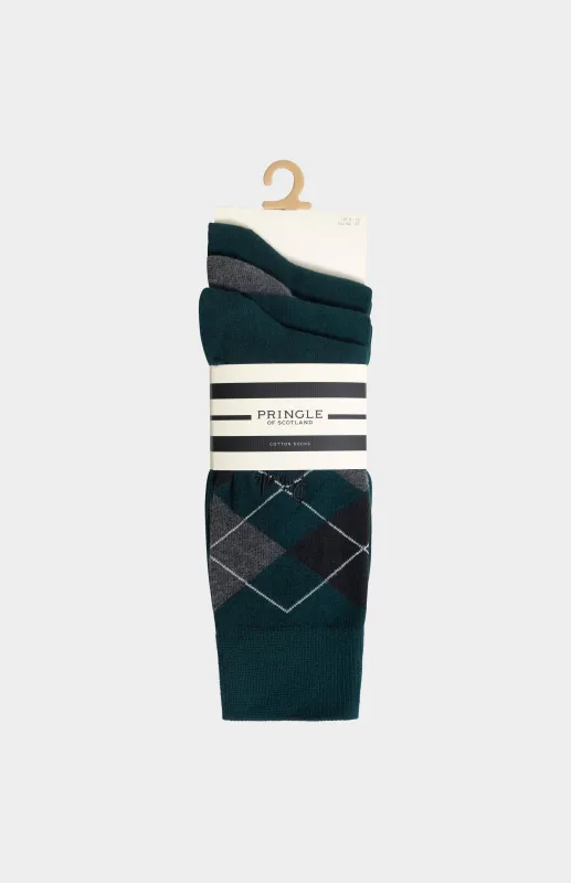 Men’s Argyle Cotton Jacquard Socks in Green, Black & Charcoal made by Pringle of Scotland