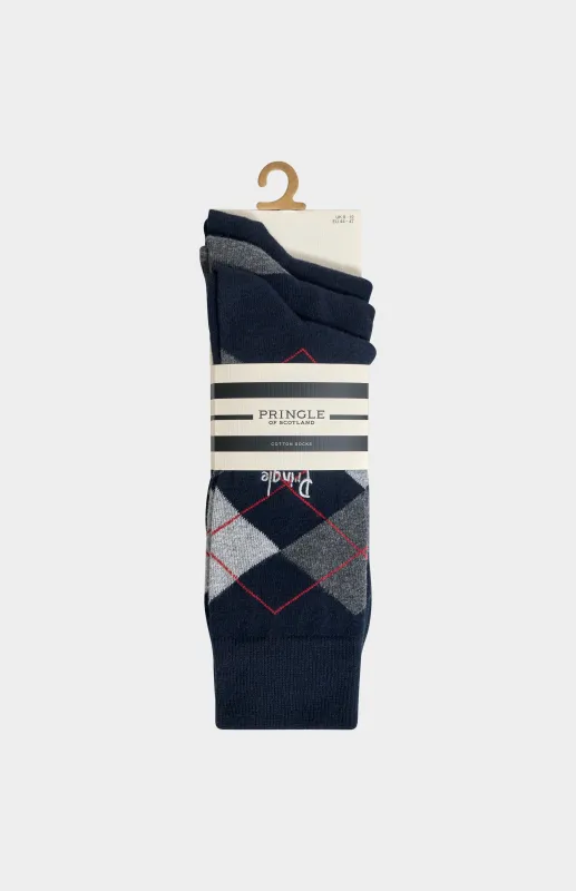 Men’s Argyle Cotton Jacquard Socks in Navy, Charcoal & Grey made by Pringle of Scotland