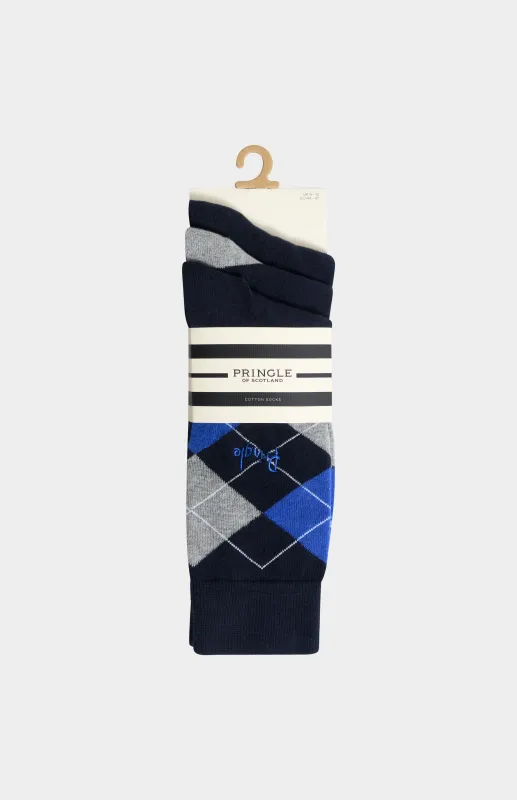 Men’s Argyle Cotton Jacquard Socks in Navy, Blue & Grey made by Pringle