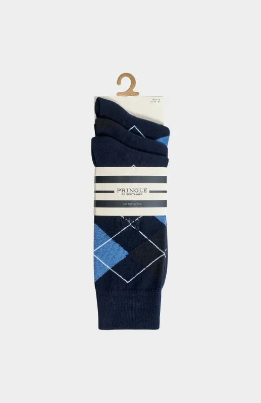 Men’s Argyle Cotton Jacquard Socks in Navy, Blue & Black made by Pringle