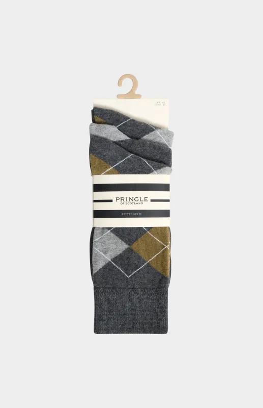 Men’s Argyle Cotton Jacquard Socks in Charcoal, Khaki & Grey made by Pringle