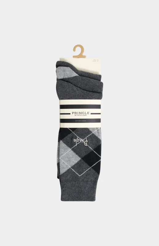 Men’s Argyle Cotton Jacquard Socks in Charcoal, Grey & Black made by Pringle
