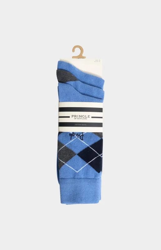 Men’s Argyle Cotton Jacquard Socks in Blue, Navy & Charcoal made by Pringle