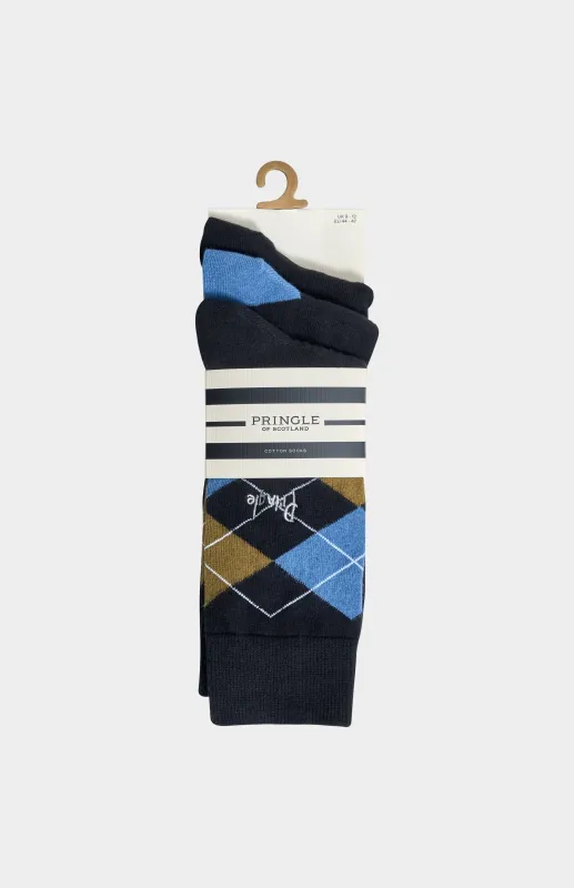 Men’s Argyle Cotton Jacquard Socks in Black, Olive & Blue made by Pringle