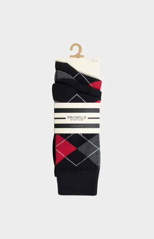 Men’s Argyle Cotton Jacquard Socks in Black, Charcoal & Red made by Pringle