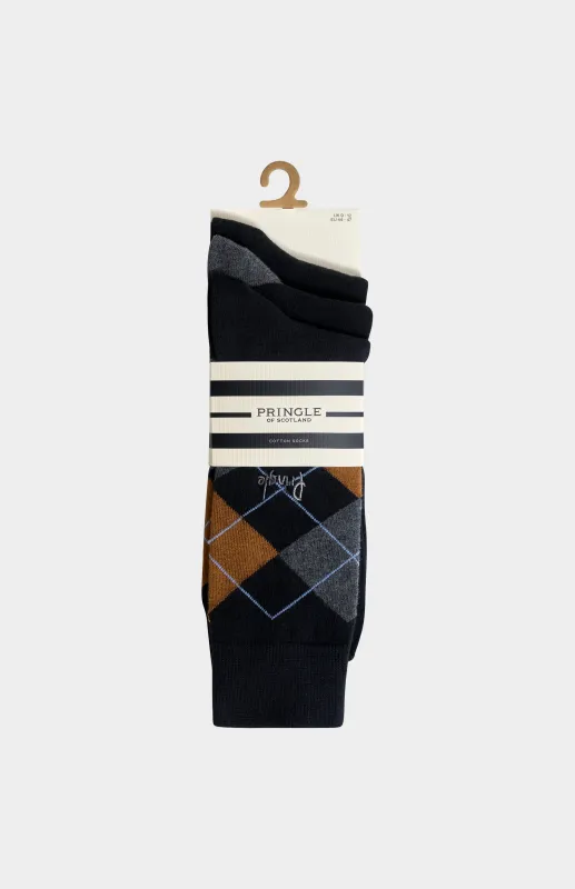 Men’s Argyle Cotton Jacquard Socks in Black, Charcoal & Camel made by Pringle of Scotland