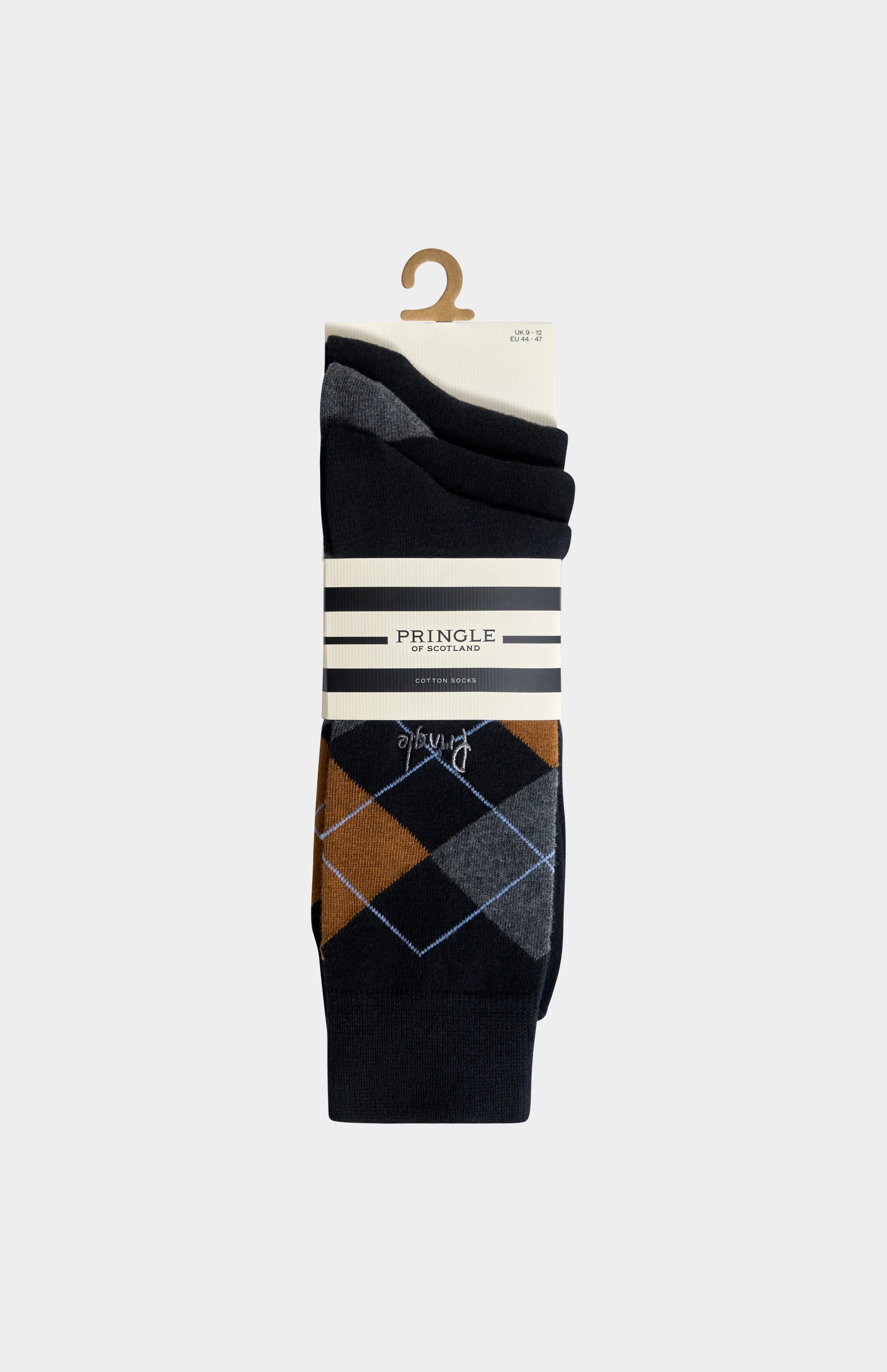 Men’s Argyle Cotton Jacquard Socks in Black, Charcoal & Camel sold by Pringle of Scotland