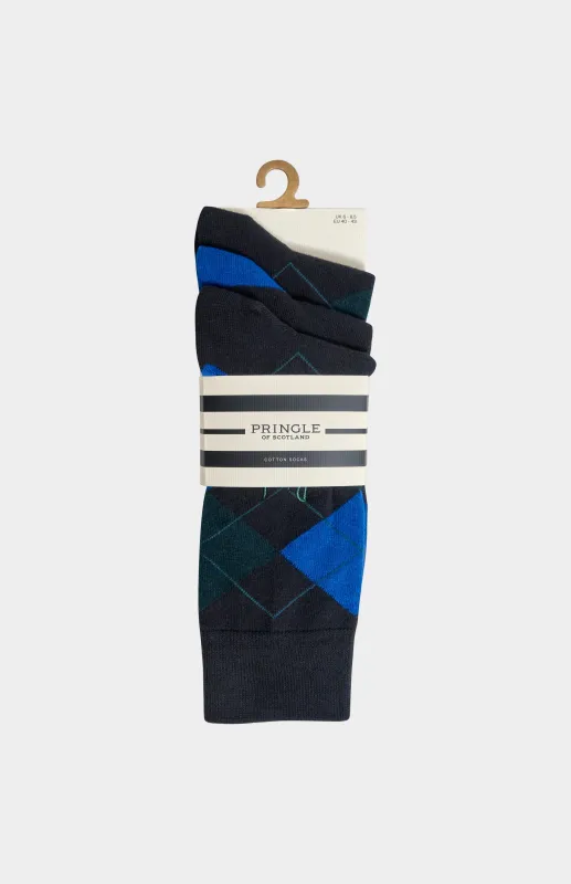 Men’s Argyle Cotton Jacquard Socks in Black, Blue & Green made by Pringle