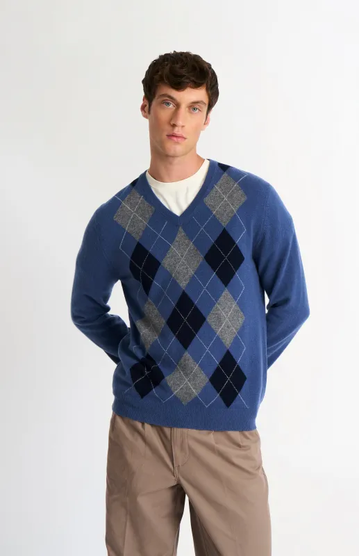 Men's Classic V-neck Cashmere Argyle Jumper In Blue / Navy / Grey sold by Pringle of Scotland