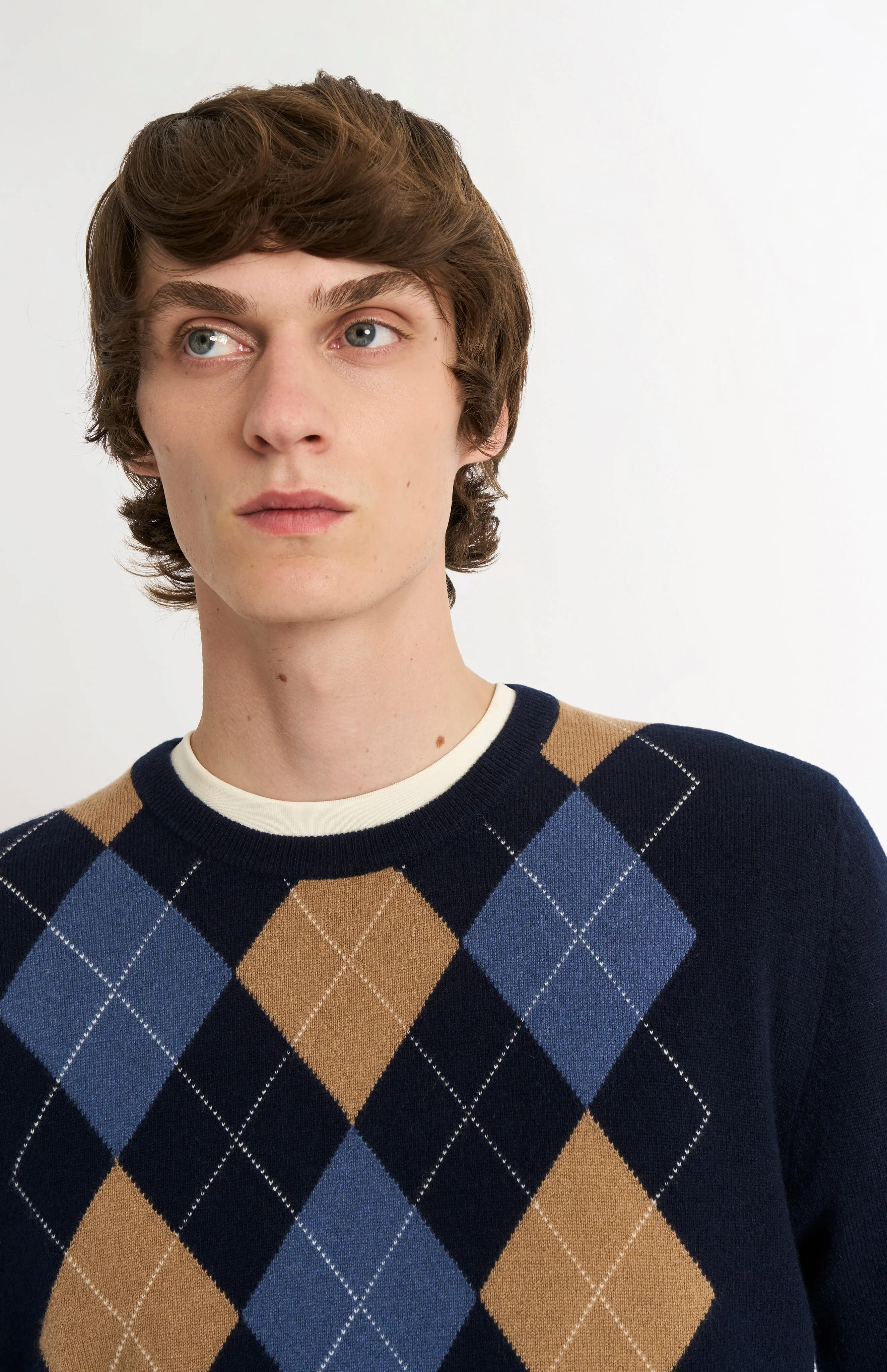 Men's Classic Crew Neck Cashmere Argyle Jumper In Navy / Camel / Blue sold by Pringle of Scotland product image thumbnail 4