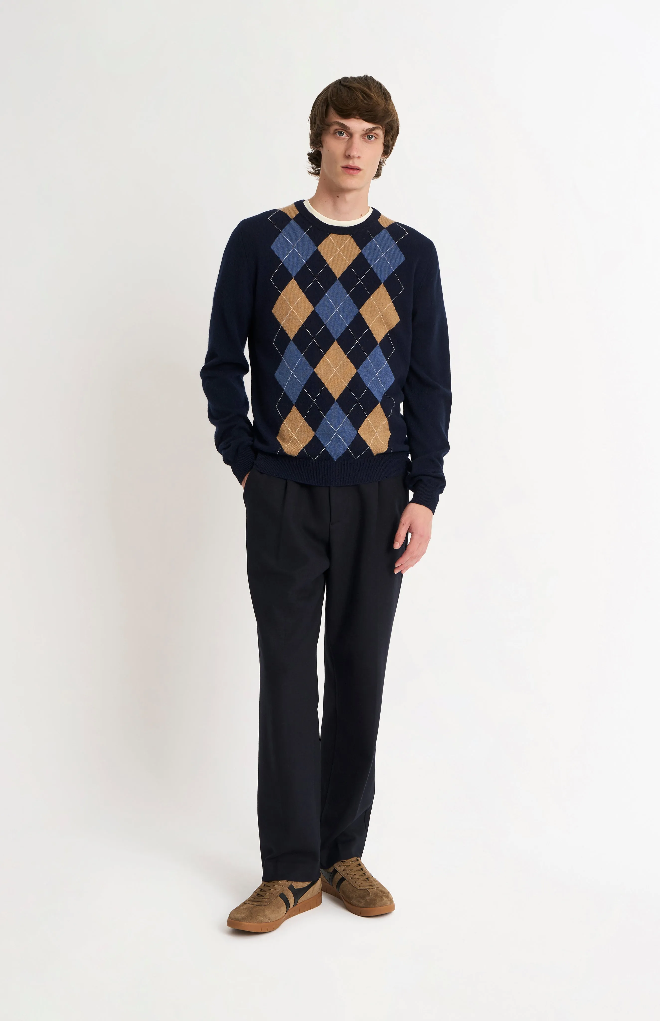 Men's Classic Crew Neck Cashmere Argyle Jumper In Navy / Camel / Blue sold by Pringle of Scotland product image thumbnail 3